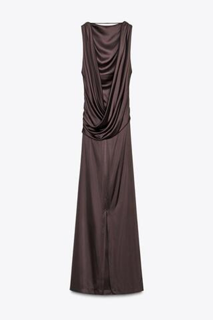 ZARA ДЛИННОЕ АТЛАСНОЕ ПЛАТЬЕ С ОТКРЫТОЙ СПИНОЙ, ТЕМНО-КОРИЧНЕВЫЙ