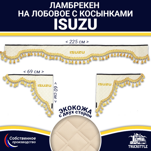 Ламбрекен с косынками двусторонние Isuzu (экокожа, бежевый, золотые кисточки)