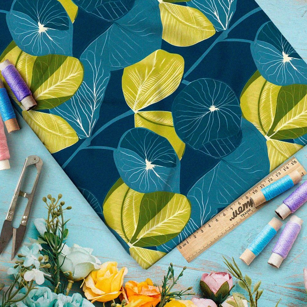 Ткань премиум таффета эффектные крупные листья