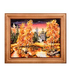 AMB-74/34 Картина «Церковь в лесу» (с янтарной крошкой) дер.краш.рамка 12х15