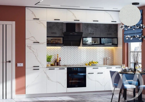 Кухня Техно 3м Компоновка №2 (белый/мрамор белый софт; бетон графит/антарес)