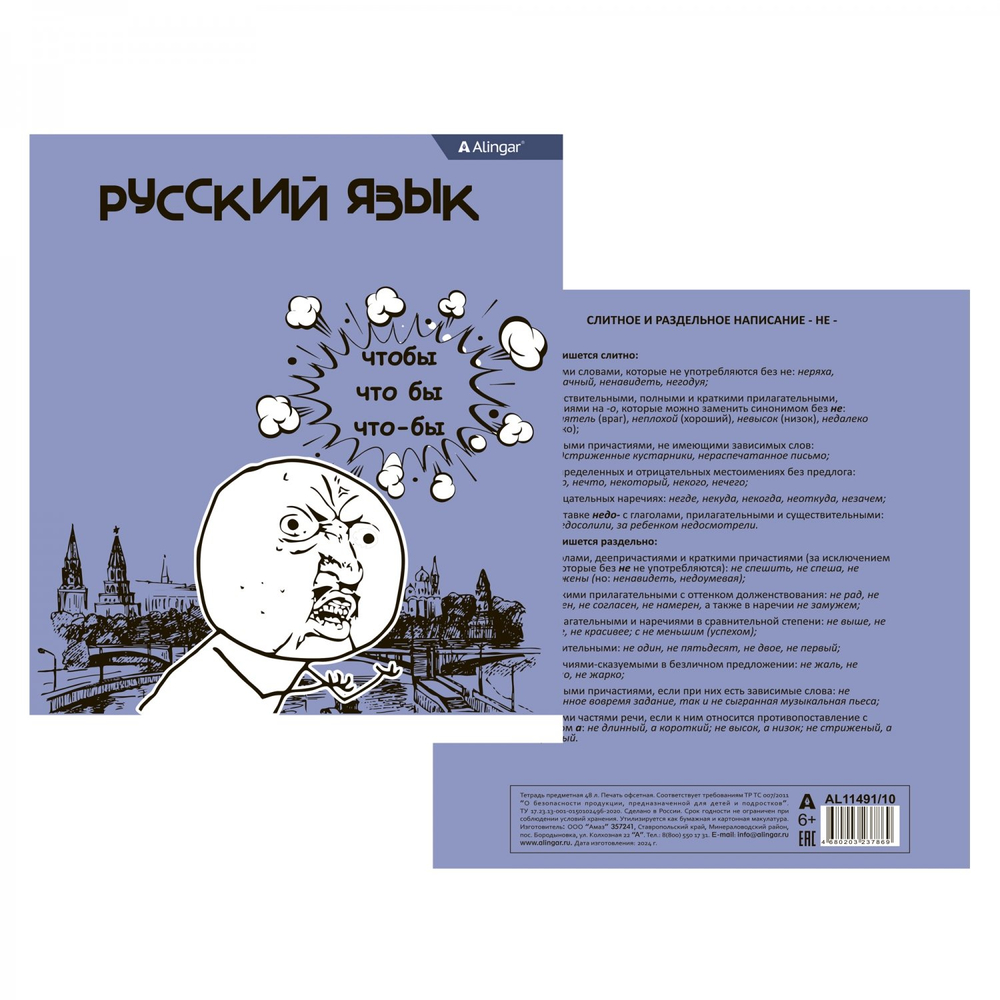 Тетрадь предметная "Русский язык" А5 48л., линия, со справ. материалом, скрепка, мелованный картон(стандарт), блок офсет, Alingar "Мемы"
