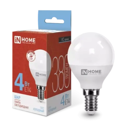 Лампа светодиодная LED-ШАР-VC 4Вт 230В Е14 6500К ХОЛОДНЫЙ 380Лм IN HOME