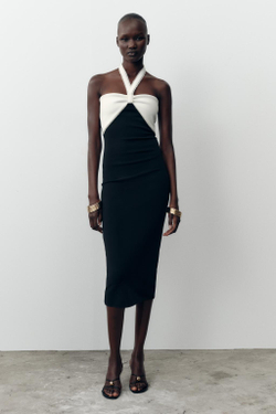ZARA ЭЛАСТИЧНОЕ ПЛАТЬЕ МИДИ С БАНТОМ, ЧЕРНЫЙ/БЕЛЫЙ