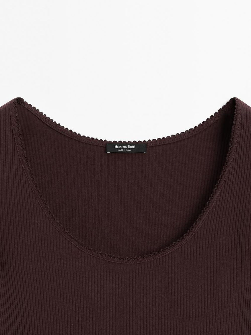 Massimo Dutti Футболка из хлопка с отделкой кружевом, коричневый