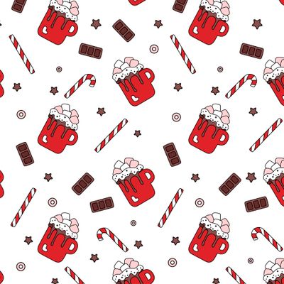 Горячий шоколад в красной кружке с маршмеллоу и сладостями