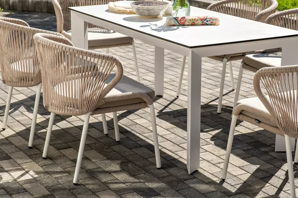 "Венето" обеденная группа на 6 персон со стульями "Милан", каркас белый, роуп бежевый