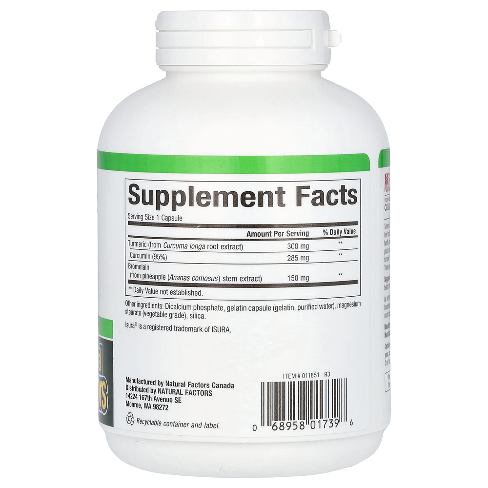 Natural Factors, куркума и бромелаин, 450 мг, 180 капсул