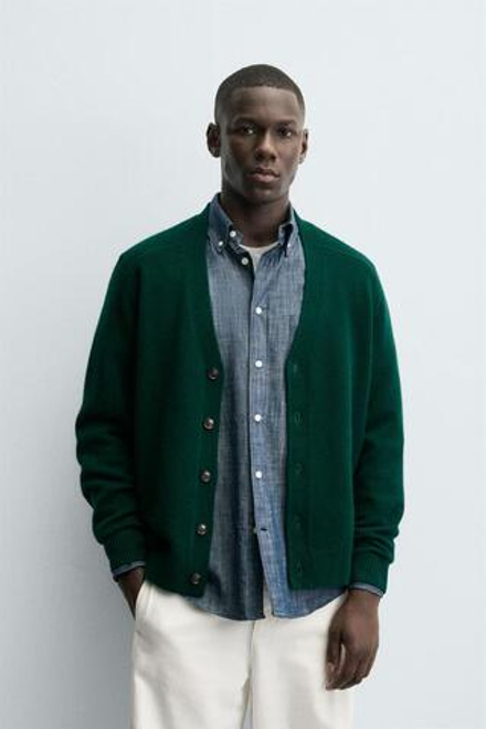 ZARA КАРДИГАН REGULAR FIT ИЗ СМЕСОВОЙ ШЕРСТИ, ЗЕЛЕНЫЙ