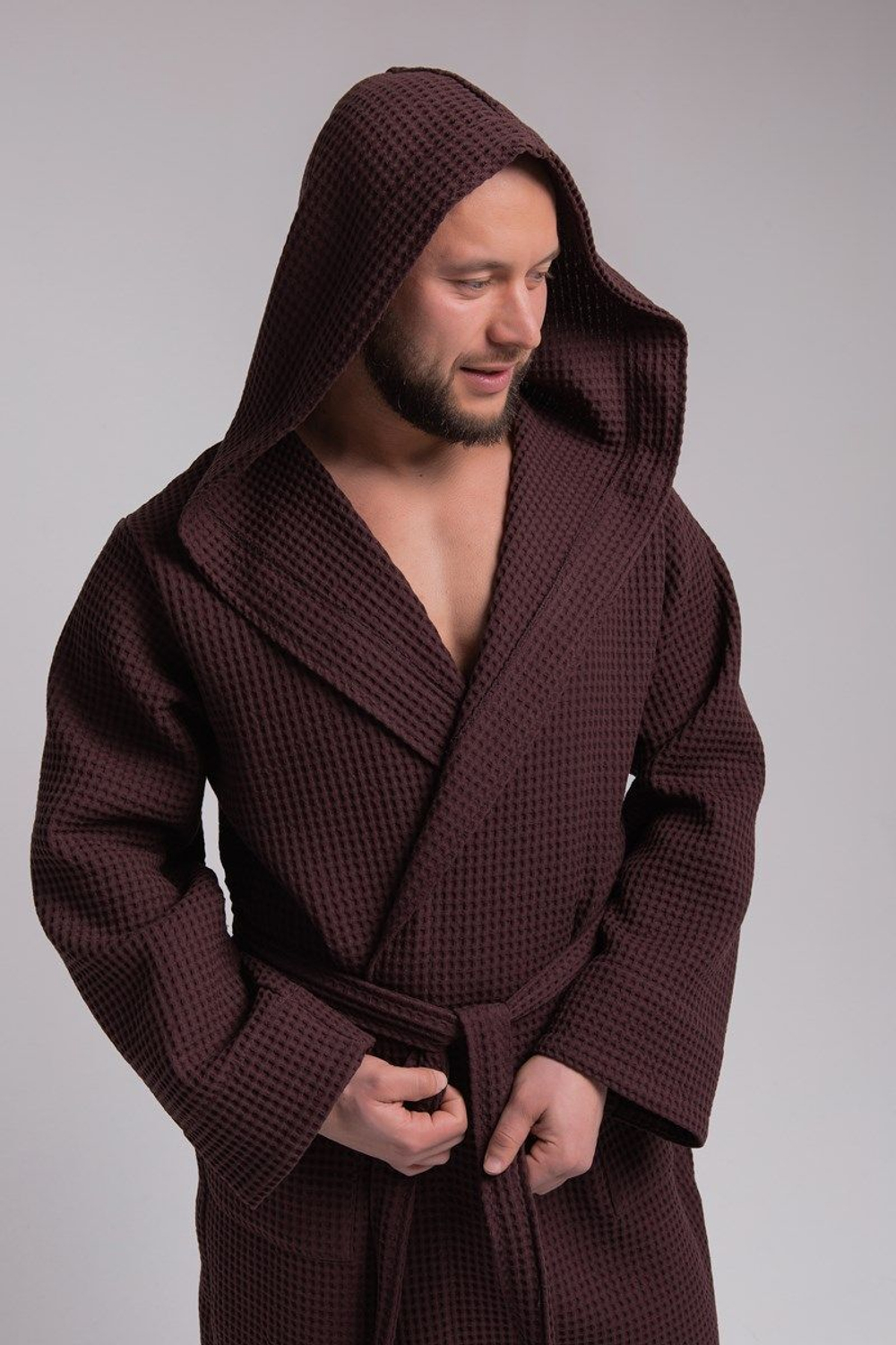 Халат вафельный с капюшоном 56-58 шоколад