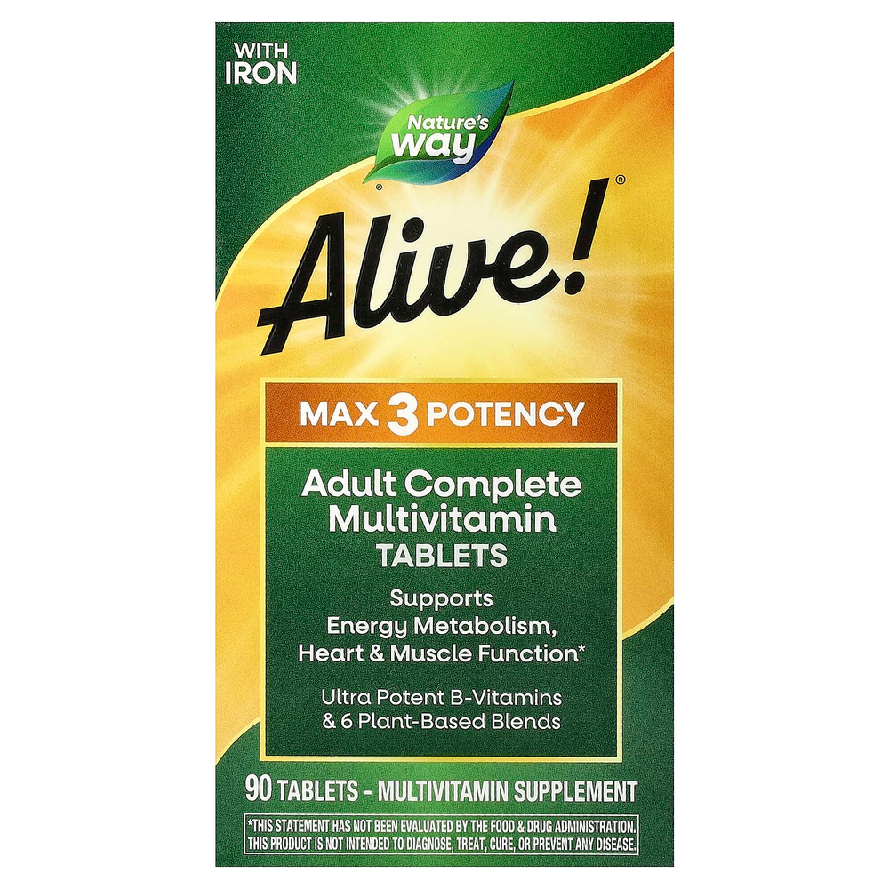 Nature's Way, Alive!® Max3 Potency, полный мультивитаминный комплекс для взрослых, с железом, 90 таблеток