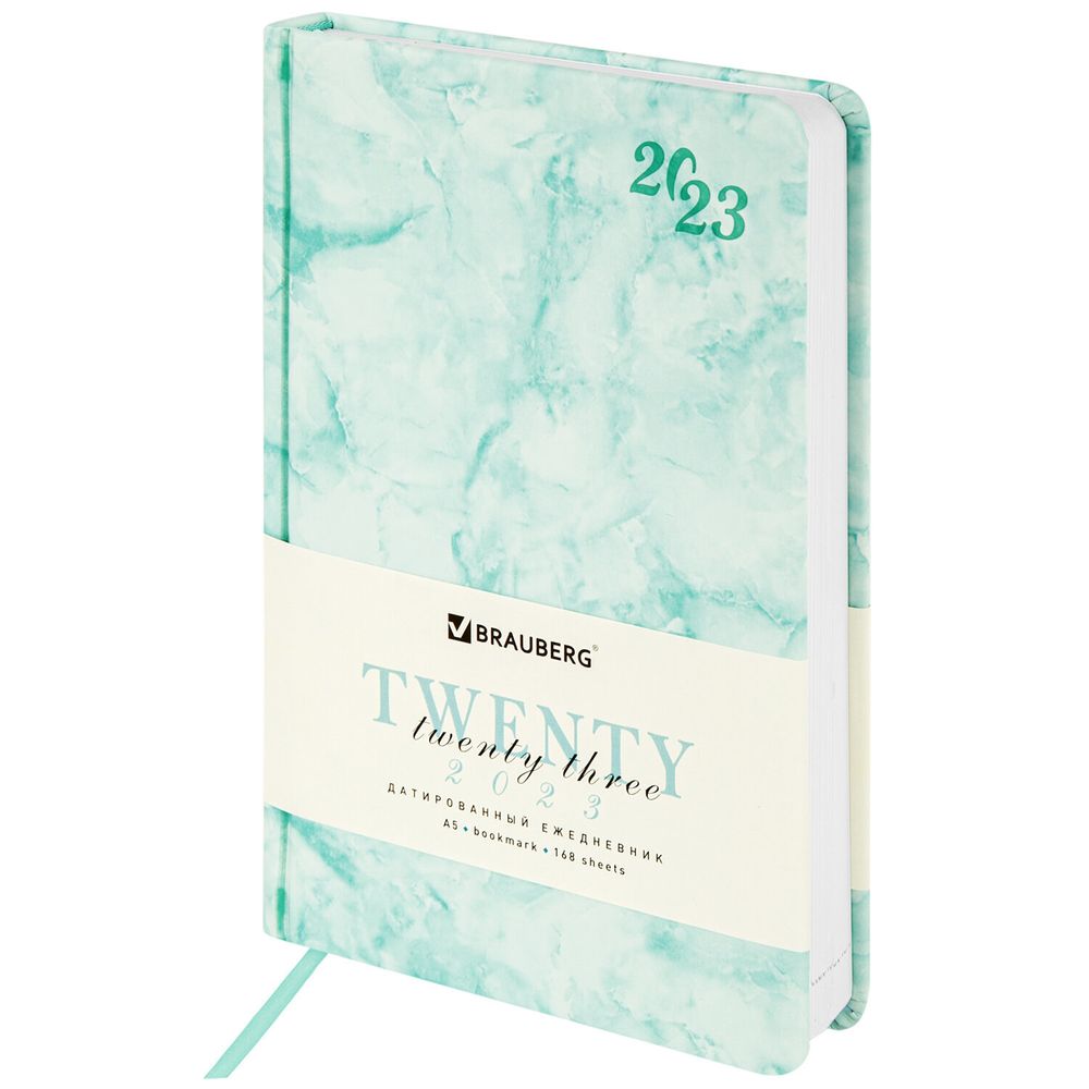 Ежедневник датированный 2023 А5 138x213 мм BRAUBERG "Marble", под кожу, бирюзовый, 114020