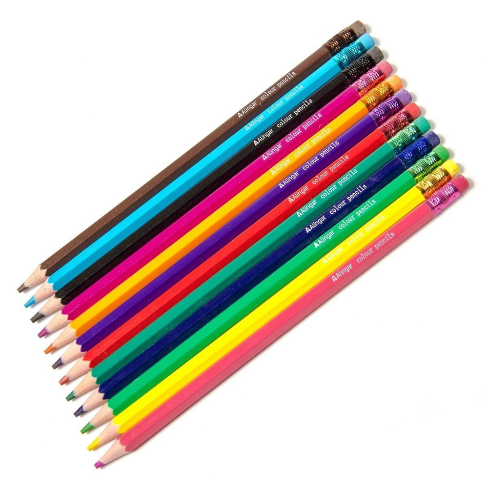 Карандаши цветные Alingar 12 цв., "Joy Mix" пластиковые, шестигранные, заточенные, ластик, грифель 3.0 мм, картон. уп., европод.