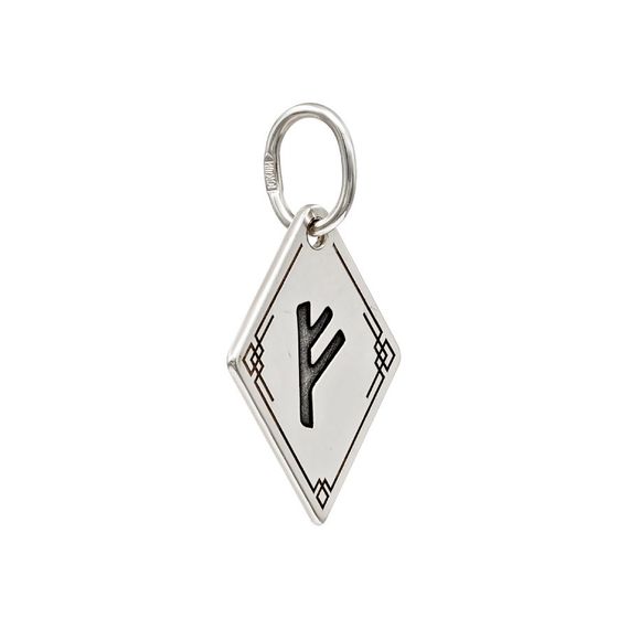 Подвеска Руна Феху - кулон из серебра 925, вид спереди полубоком