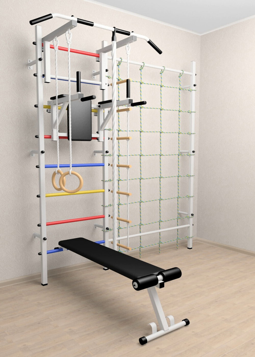 Шведская стенка Sv Sport усиленная 611 (Турник стандарт/Брусья/Скамья/Канат/Kольца/Лестница/Канатный лаз/Сетка)