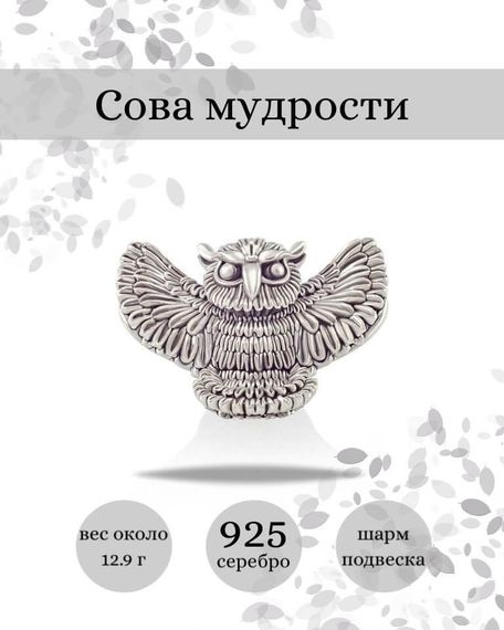 Шарм Сова большая из серебра 925 пробы, фото с инфографикой