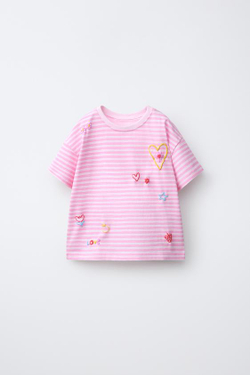 ZARA ФУТБОЛКА В ПОЛОСКУ С РЕЛЬЕФНЫМИ ДЕТАЛЯМИ, РОЗОВЫЙ