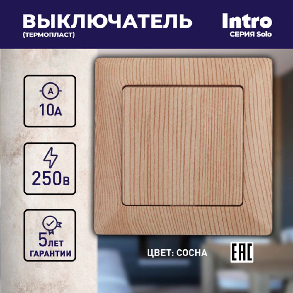 Выключатель Intro Solo 4-101-11 одноклавишный 10А-250В, IP20, СУ, сосна