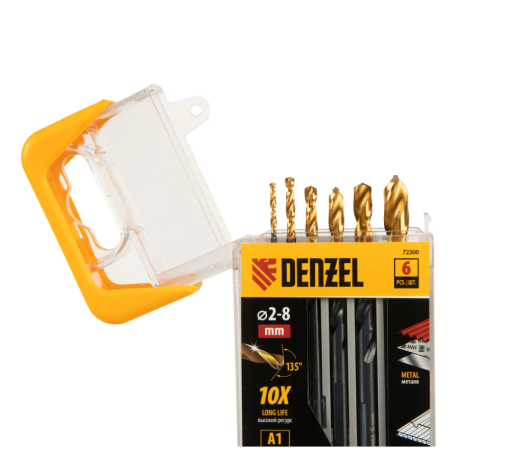 Набор сверл по металлу Golden Tip 2, 3, 4, 5, 6, 8 мм, HSS-Tin, 6 шт Denzel 72300