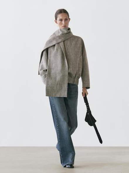 Massimo Dutti Куртка-бомбер в крапинку с шарфом, серый