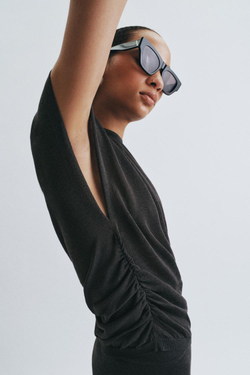 ZARA ТРИКОТАЖНЫЙ ТОП СО СБОРКАМИ, МОРСКОЙ ТЕМНО-СИНИЙ