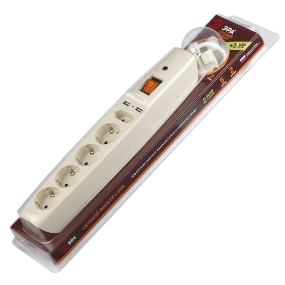 Сетевой фильтр ЭРА SFU-5es-2m-I с надежной защитой с заземлением с выключателем 5 розеток 2xUSB 2м 10А слоновая кость | Сетевые фильтры