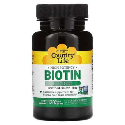Биотин Country Life, высокоэффективный биотин, 5 мг, 120 вегетарианских капсул