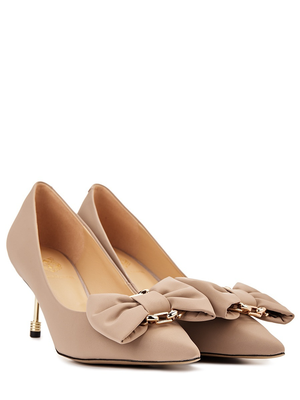 Женские туфли замшевые бежевые с бантом и цепью