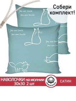 Комплект наволочек 30х30 см на молнии 2шт "КОТИКИ (мята)" Сказка сатин