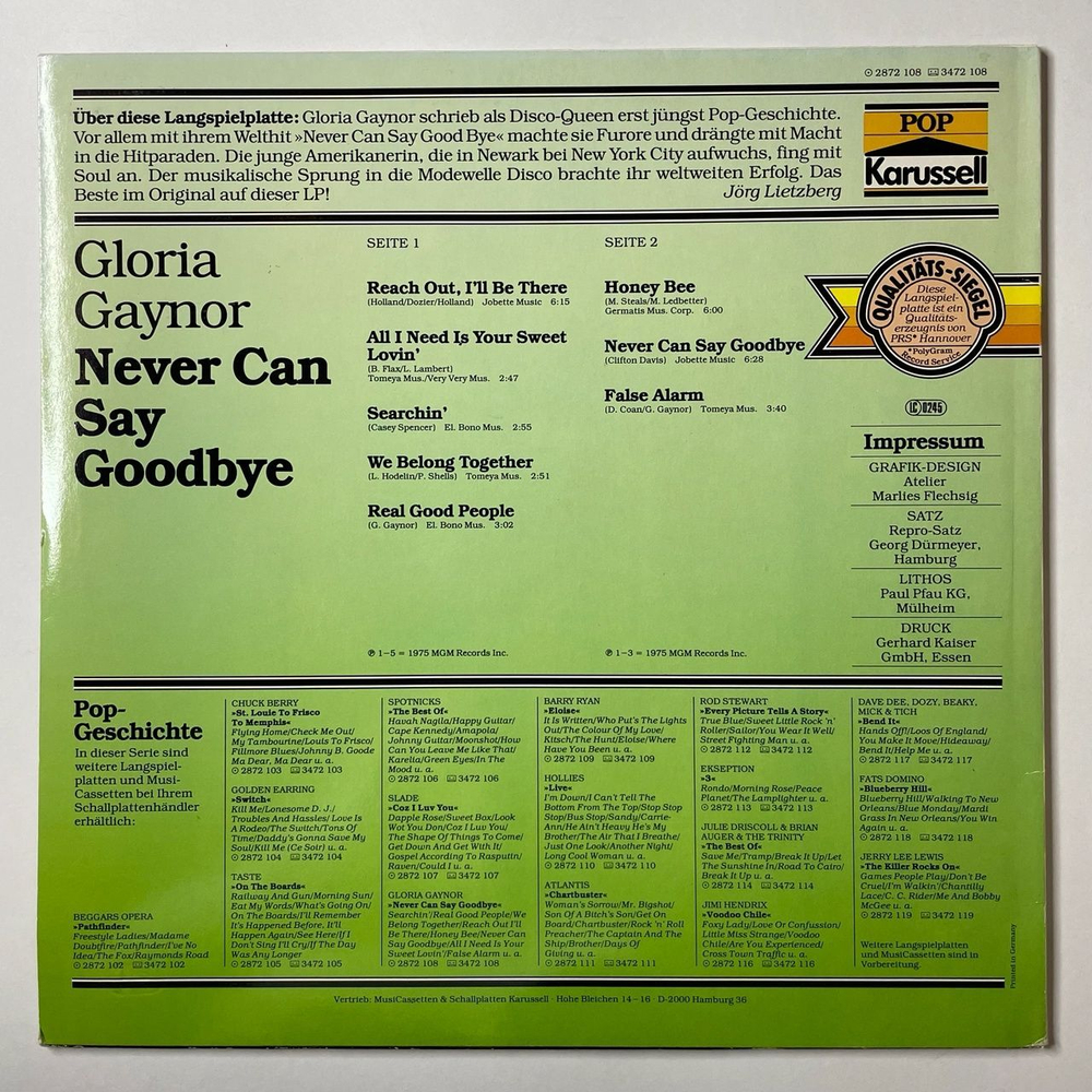 Винтажная виниловая пластинка LP Gloria Gaynor Never Can Say Goodbye (Germany 1975) Real Good People