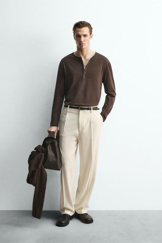 ZARA ФУТБОЛКА С ВОРОТНИКОМ НА ПУГОВИЦАХ — LIMITED EDITION, КОРИЧНЕВЫЙ