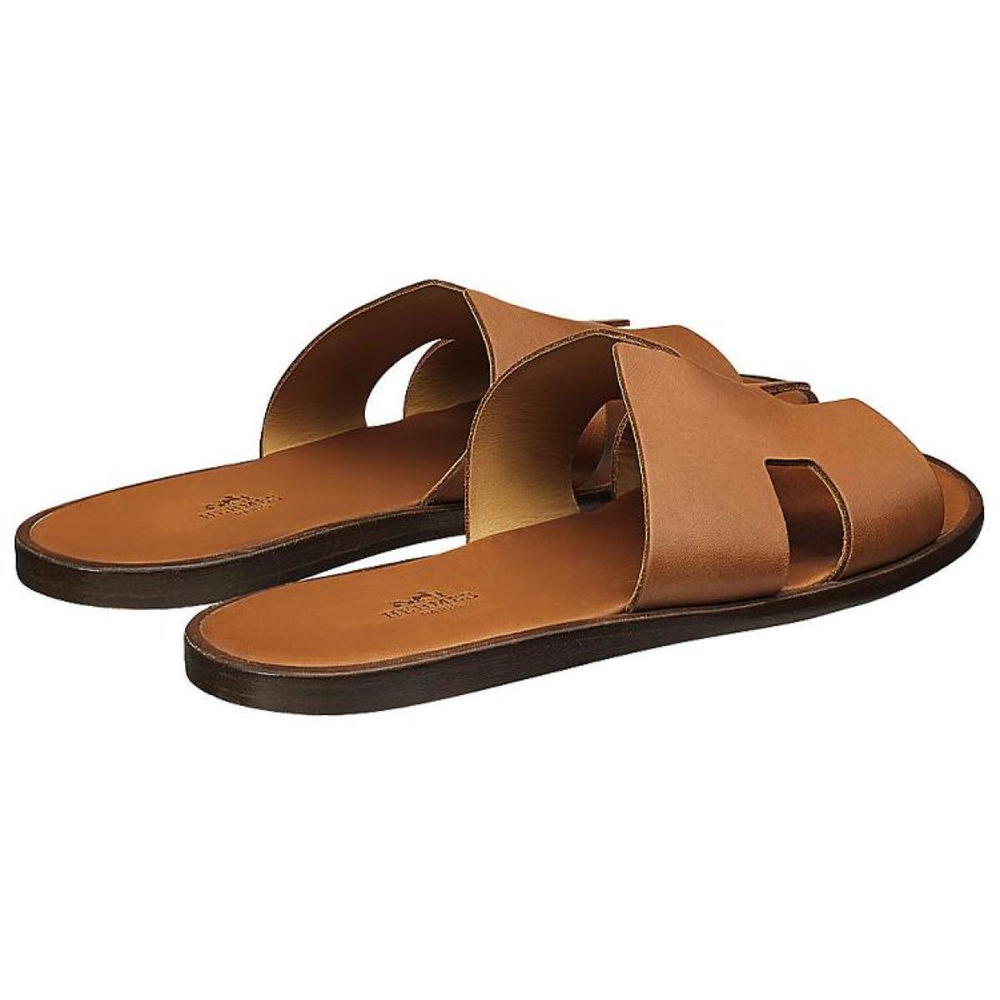 Hermes Lzmere set wear flat-bottomed round head fashion sandals men's brown, H041141Z H03