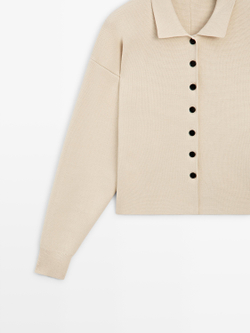 Massimo Dutti Кардиган из хлопкового трикотажа с воротником поло, ванильный