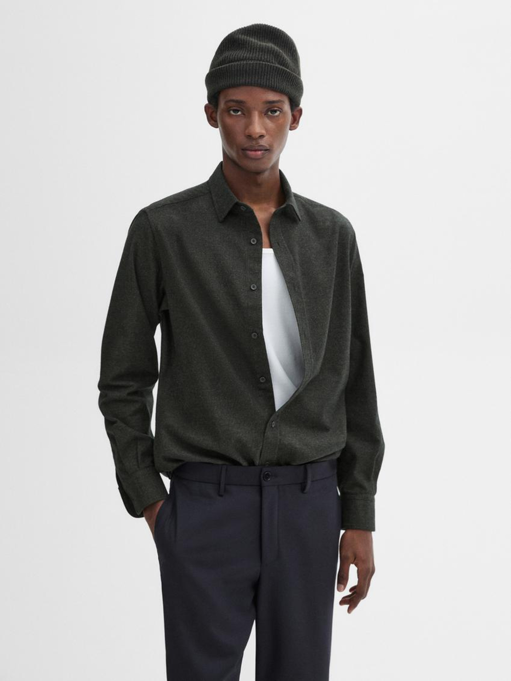 Massimo Dutti Рубашка из 100% хлопка с узором в елочку, зеленый