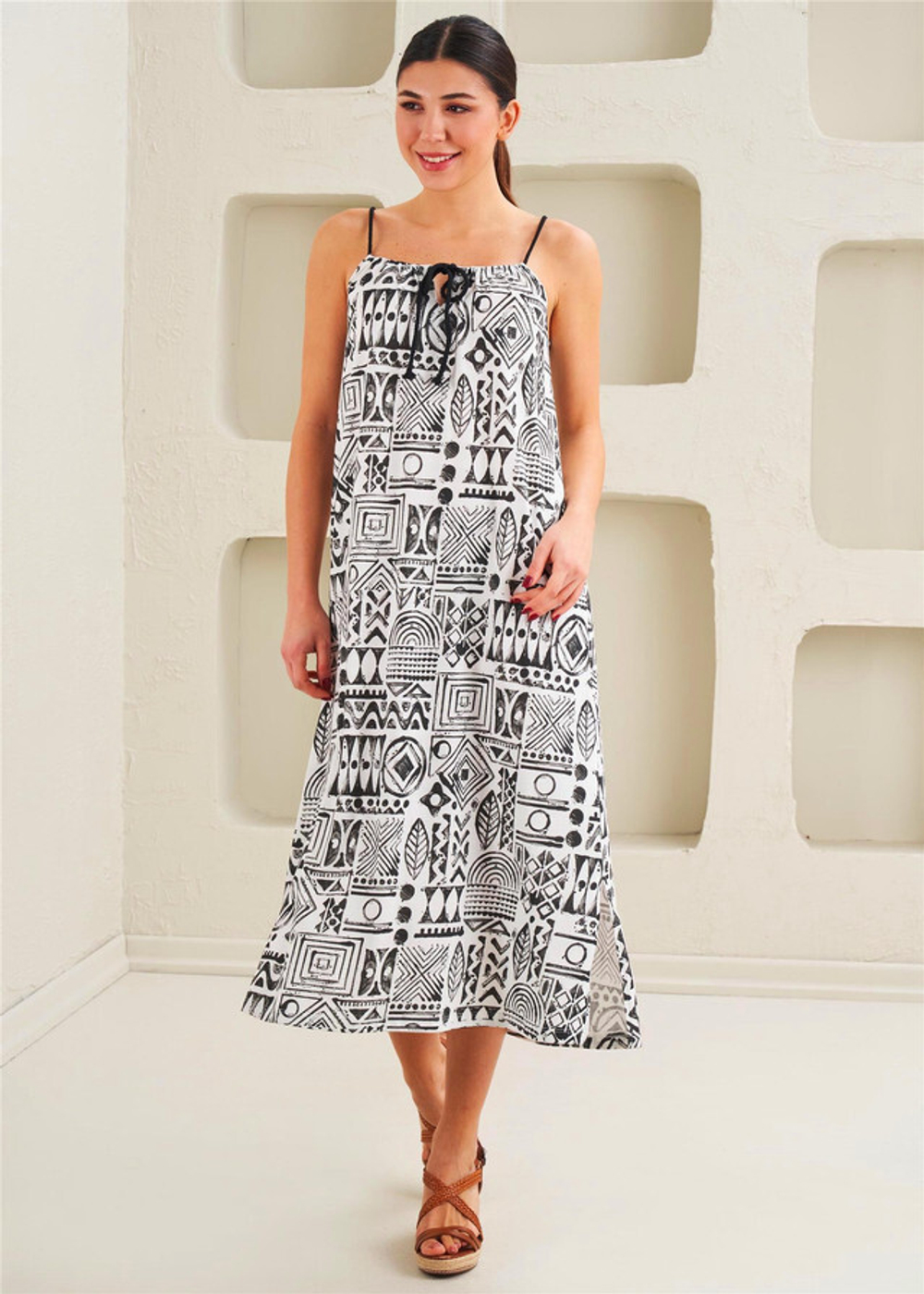 Женское платье с принтом, вязанные детали, спортивный дизайн с бретелями - 45334