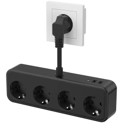 HITRENDS Сетевой фильтр EU 4 розетки + 2USB + Type-C, 250V/16A/3840W, компактный (5см), безопасное подключение для нескольких устройств
