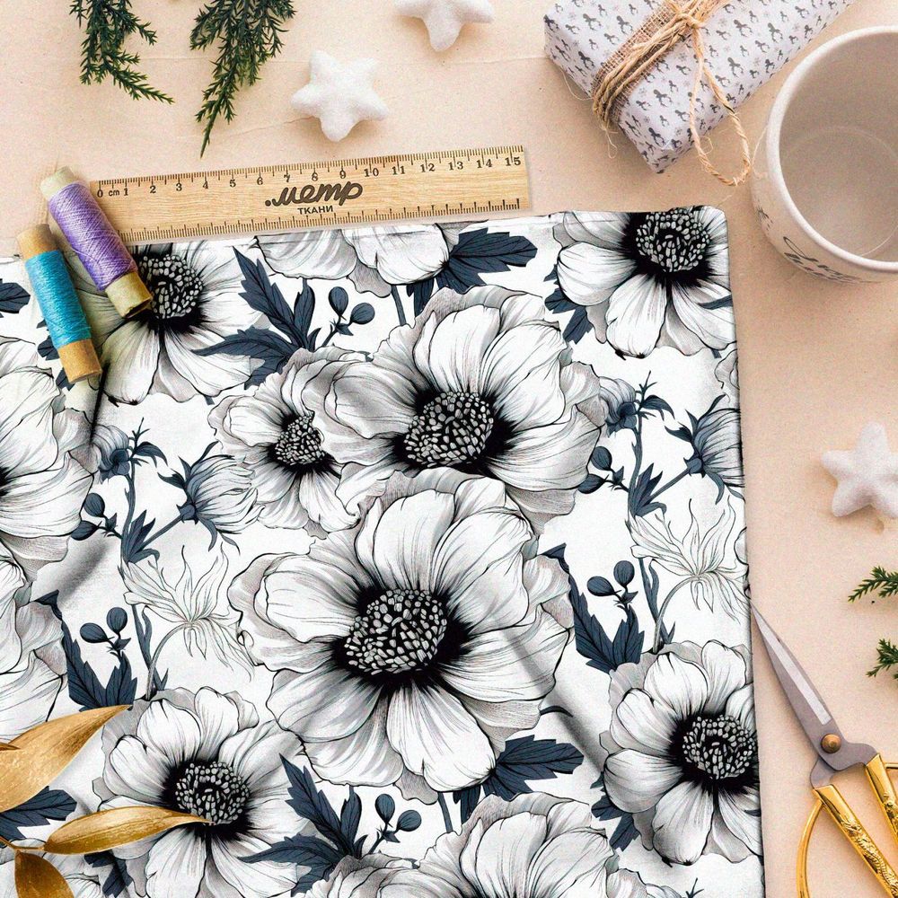 Ткань премиум шелк искусственный Армани графическая цветочная иллюстрация