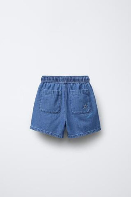 ZARA ДЖИНСОВЫЕ ШОРТЫ С ВЫШИВКОЙ «ПАЛЬМА», СИНИЙ