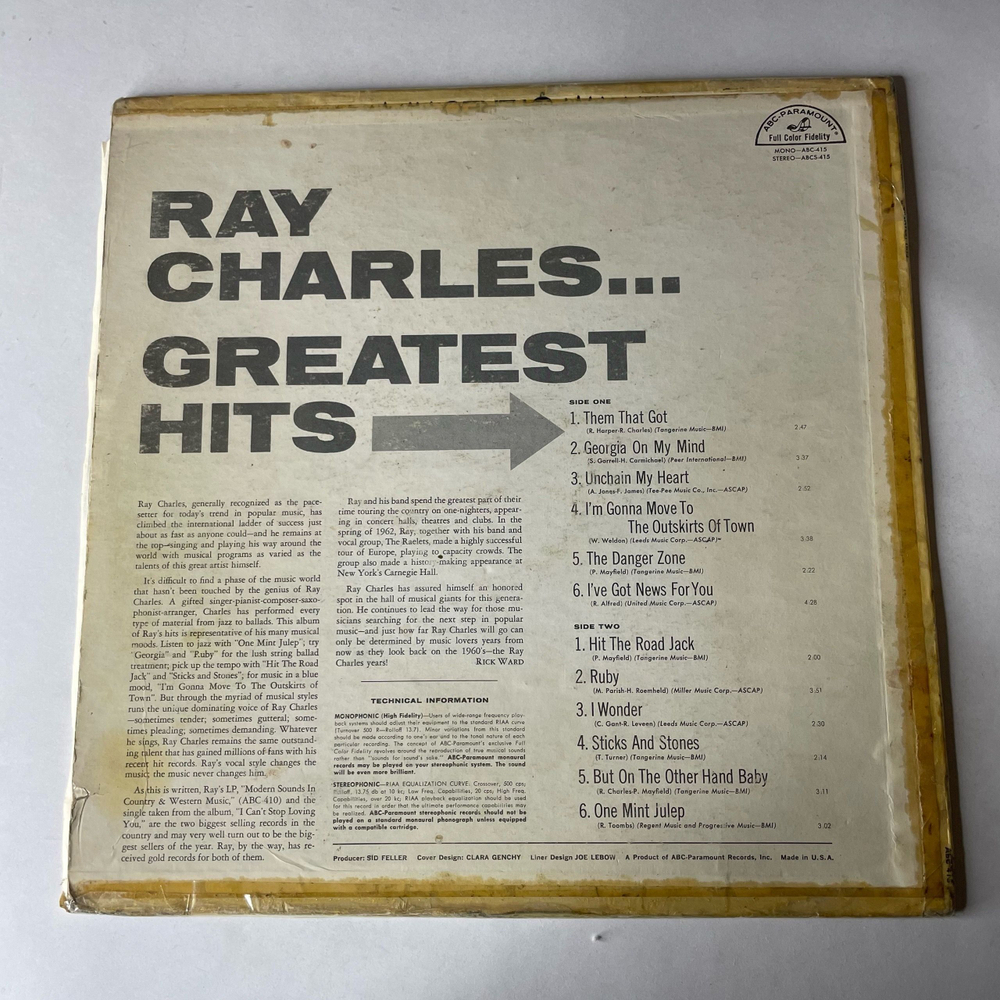 Винтажная виниловая пластинка LP Ray Charles Greatest Hits (USA 1962) Hit The Road Jack