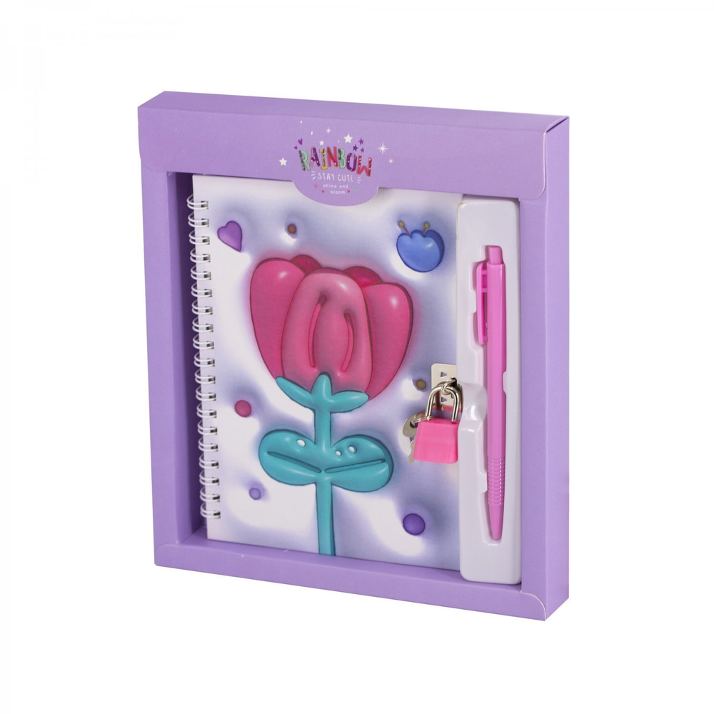 Блокнот в футляре, 17,5 см * 19,5 см, гребень, Alingar, мат.ламин, эффект 3D, ручка, замочек, клетка, 46 л., "Тюльпан"