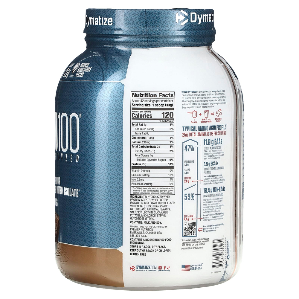 Dymatize, ISO100®, гидролизованный, 100% изолят сывороточного протеина, со вкусом брауни с помадкой, 1,37 кг (3 фунта)