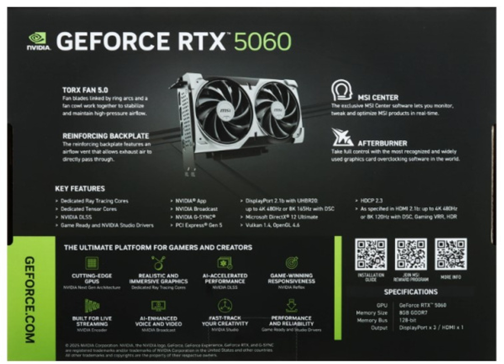 Видеокарта MSI GeForce RTX 5060 VENTUS 2X (RTX 5060 8G VENTUS 2X)