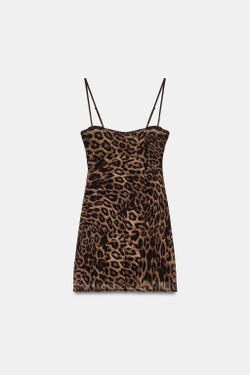 ZARA ПЛАТЬЕ-КОРСЕТ ИЗ ПОЛУПРОЗРАЧНОЙ ТКАНИ С АНИМАЛИСТИЧЕСКИМ ПРИНТОМ, ЛЕОПАРДОВЫЙ/НЕЖНО-КОРИЧНЕВЫЙ