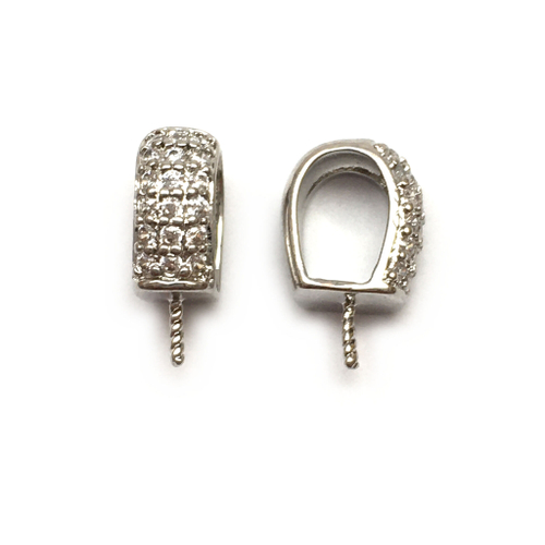 Бейл под шнур со штифтом и фианитами 12х8х4 мм, родий