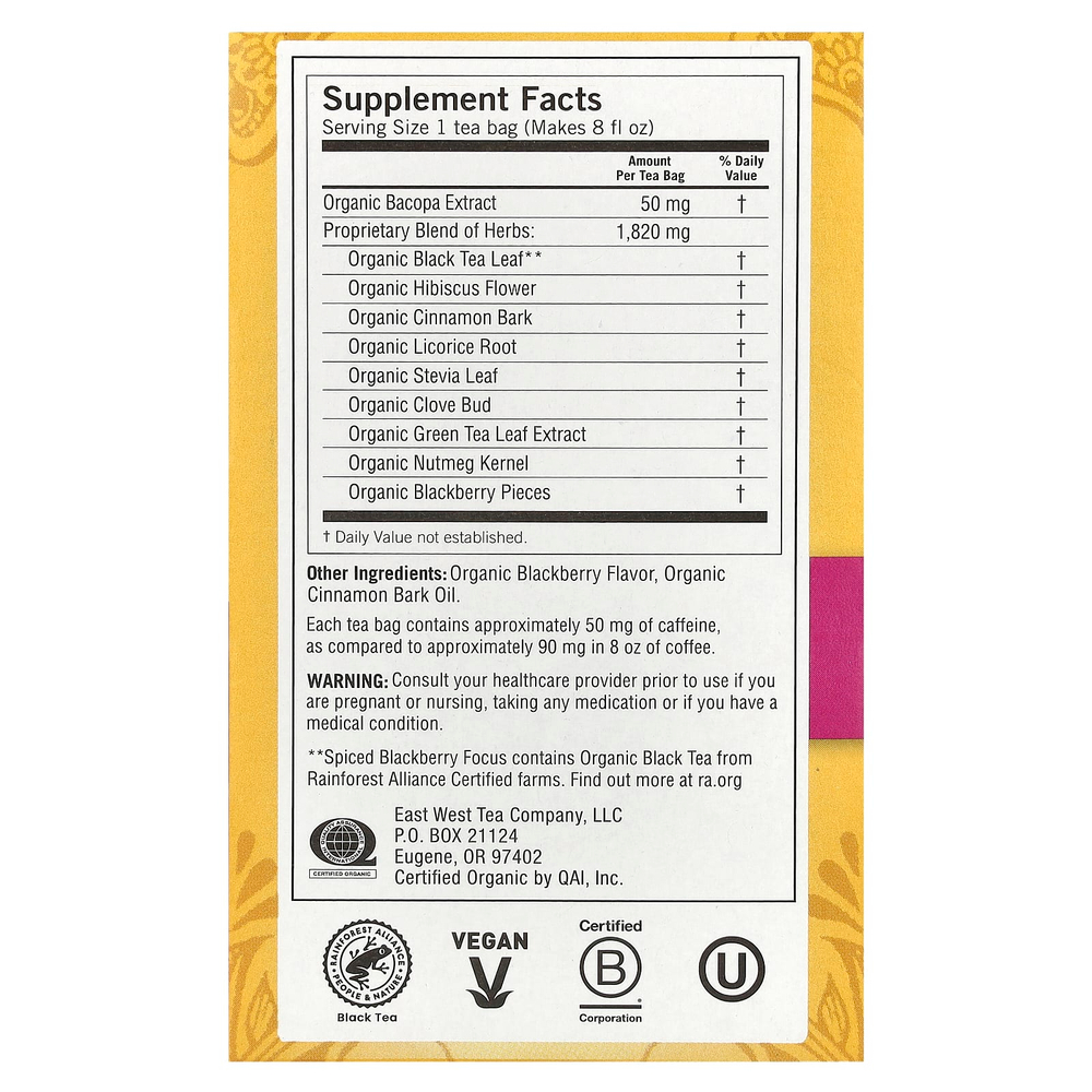 Yogi Tea, Focus, ежевика с пряностями, 16 чайных пакетиков, 32 г (1,12 унции)