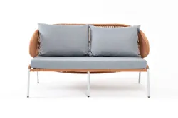 "Милан" диван 2-местный плетеный из роупа, каркас алюминий светло-серый (RAL7035) муар, роуп оранжевый меланж круглый, ткань светло-серая