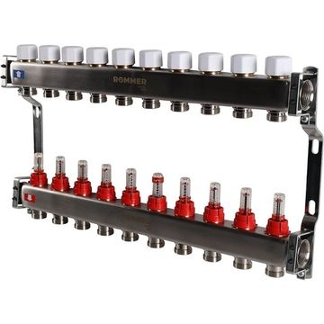 Коллектор Rommer 1"x3/4" на 10 контуров с расходомерами (нерж. сталь) RMS-1200-000010