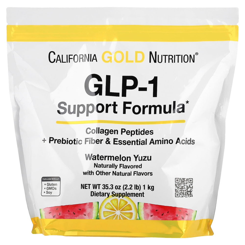 California Gold Nutrition, добавка для поддержания уровня ГПП-1 с пептидами гидролизованного морского коллагена, смесью пребиотической клетковины, устойчивой к расщеплению, и смесью незаменимых аминокислот, обогащённой лейцином, со вкусом арбуза и юдзу, 1 кг (2,2 фунта)