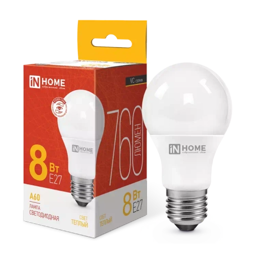 Лампа светодиодная LED-A60-VC 8Вт 230В Е27 3000К ТЕПЛЫЙ 760Лм IN HOME
