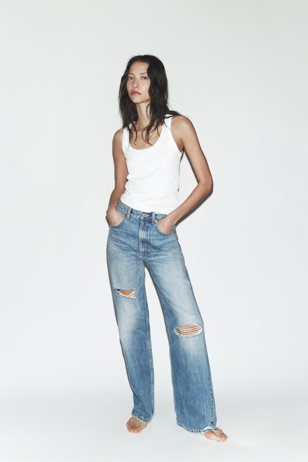 ZARA ДЖИНСЫ TRF WIDE LEG С ВЫСОКОЙ ПОСАДКОЙ И РАЗРЕЗАМИ, СИНИЙ